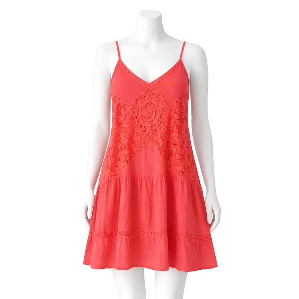 Umgee Coral Lace Boho Sundress Strappy Back Crochet Trim Cotton Blend Women M